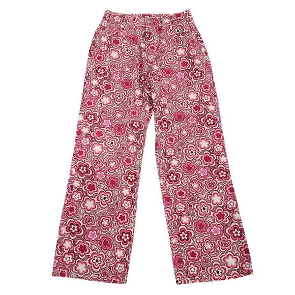 Pants - Womens Pink Floral Wide Leg Pants Retro Flower Pattern Y2K Style